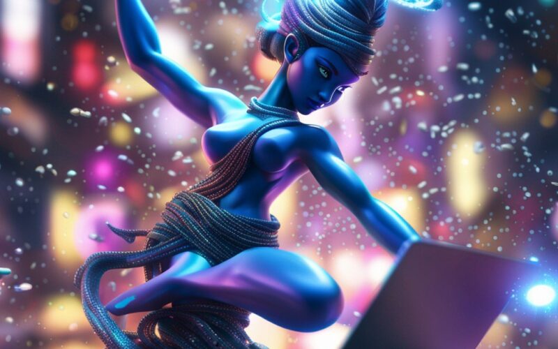 vibrant genie emerging from a laptop screen, surrounded by a flurry of code snippets, 4k, background blur focal point, depth of field, sleek, desaturated, denoised, masterpiece, trending on artstation, featured on pixiv, beautiful lighting, sharp, details, hyper - detailed, hd, hdr, 4 k, 8 k